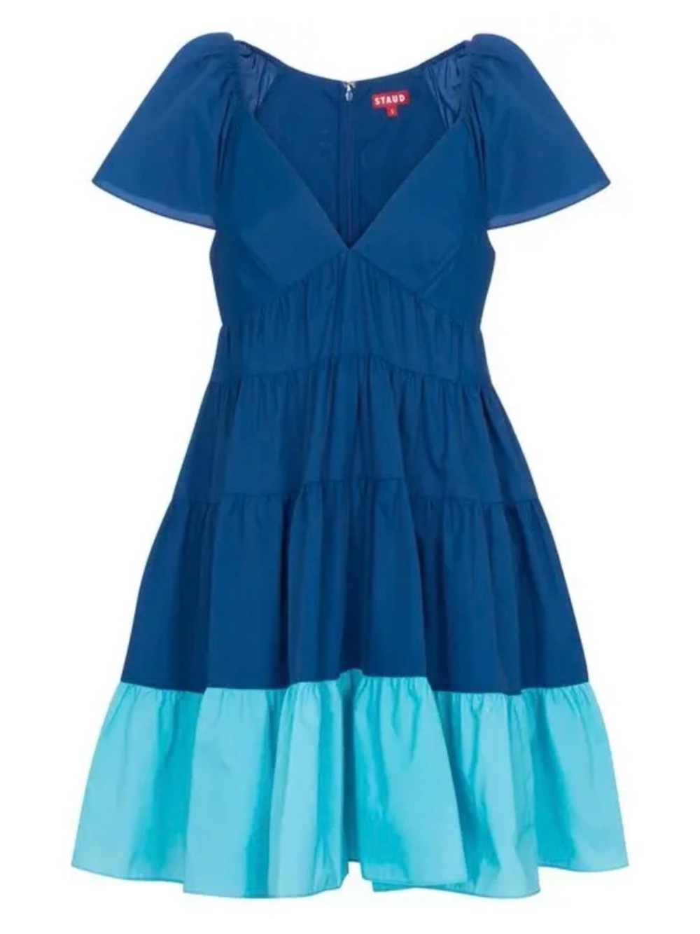 Staud Corsica  Mini Cobalt Blue Tiered V-Neck Short Sleeve Dress with Aqua Hem